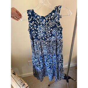 Blueginger Womens Blue White Floral Rayon Tiered Sleeveless Midi Dress Size S